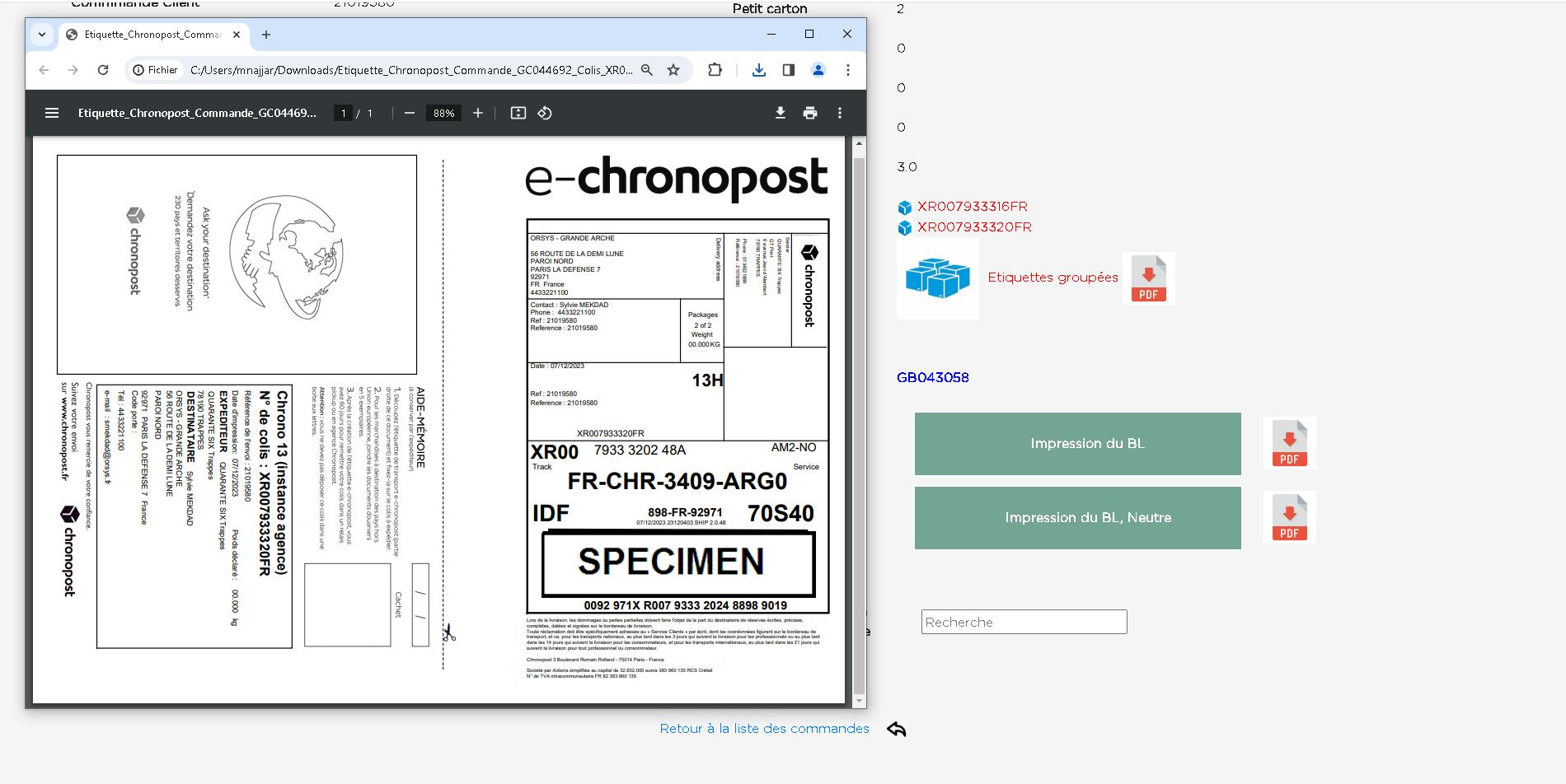 Implémentation de la création automatique des bordereaux de livraison sur le Webservice Choronopost