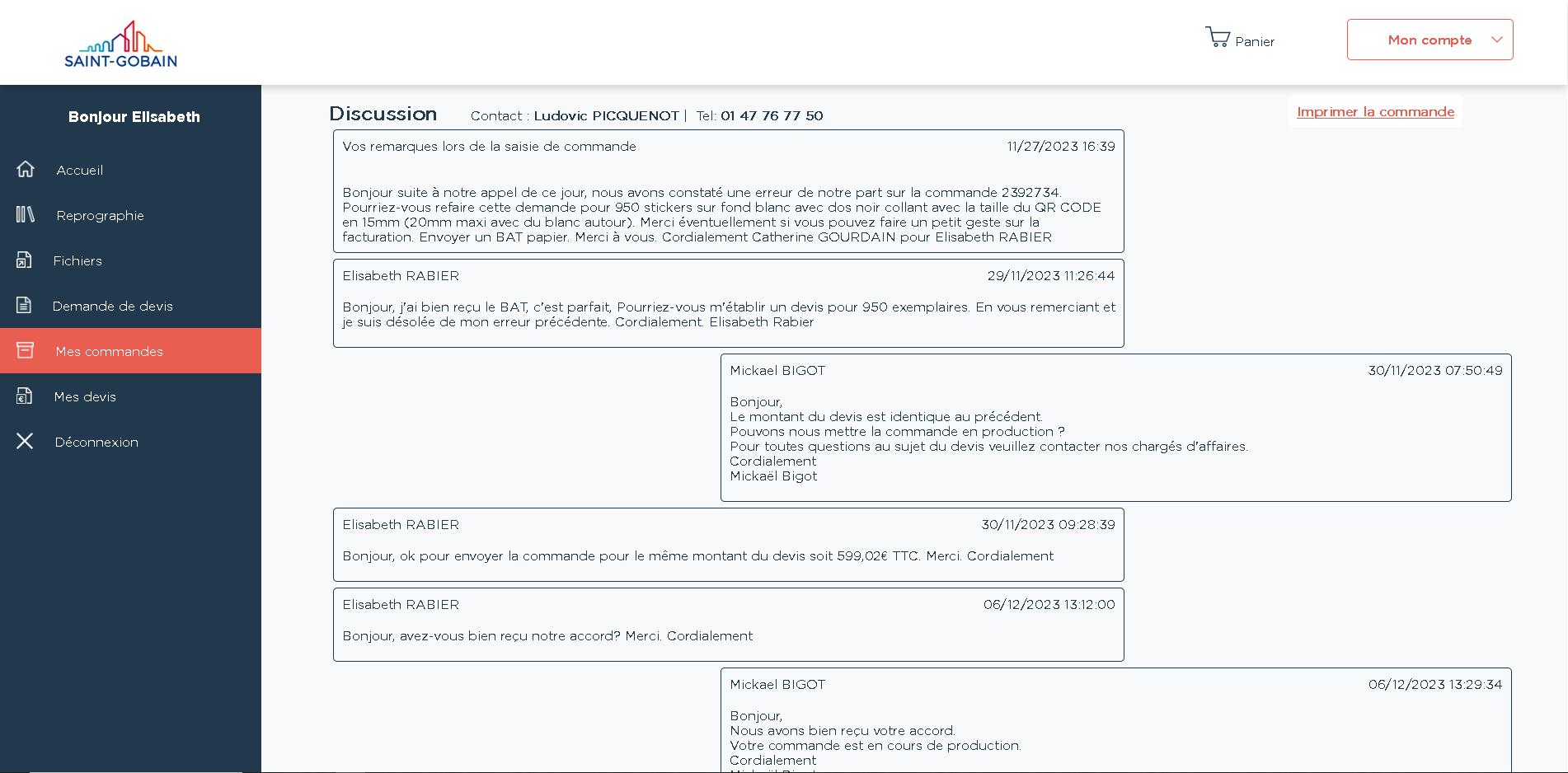Implémentation d’un fil de discussion dans les commandes permettant aux clients d’échanger avec l’atelier de production