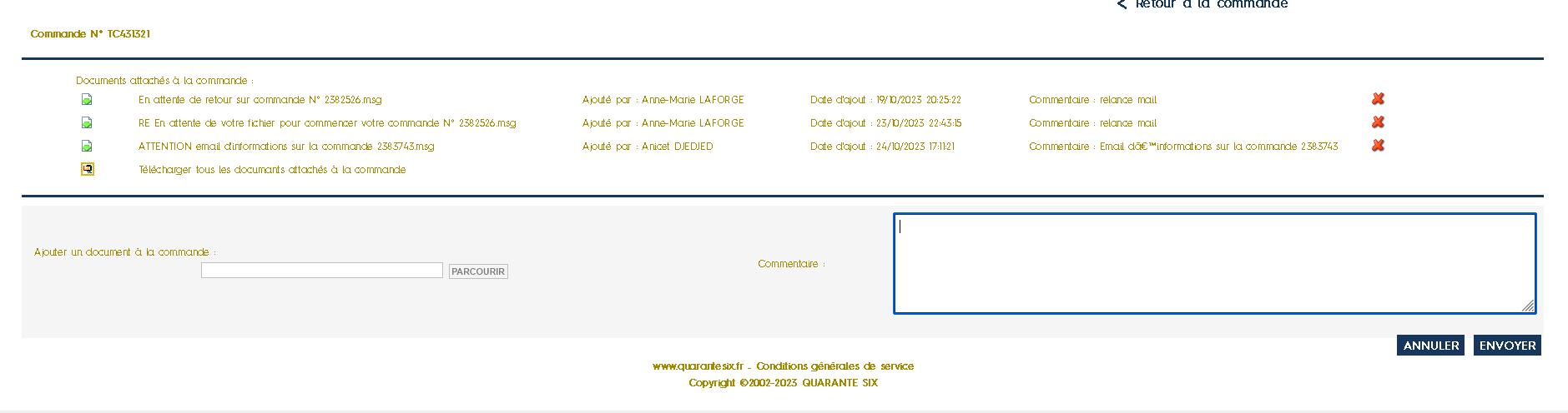 Implémentation d’un espace d’échange et de stockage de fichiers interne relatif aux commandes non visible pour les clients