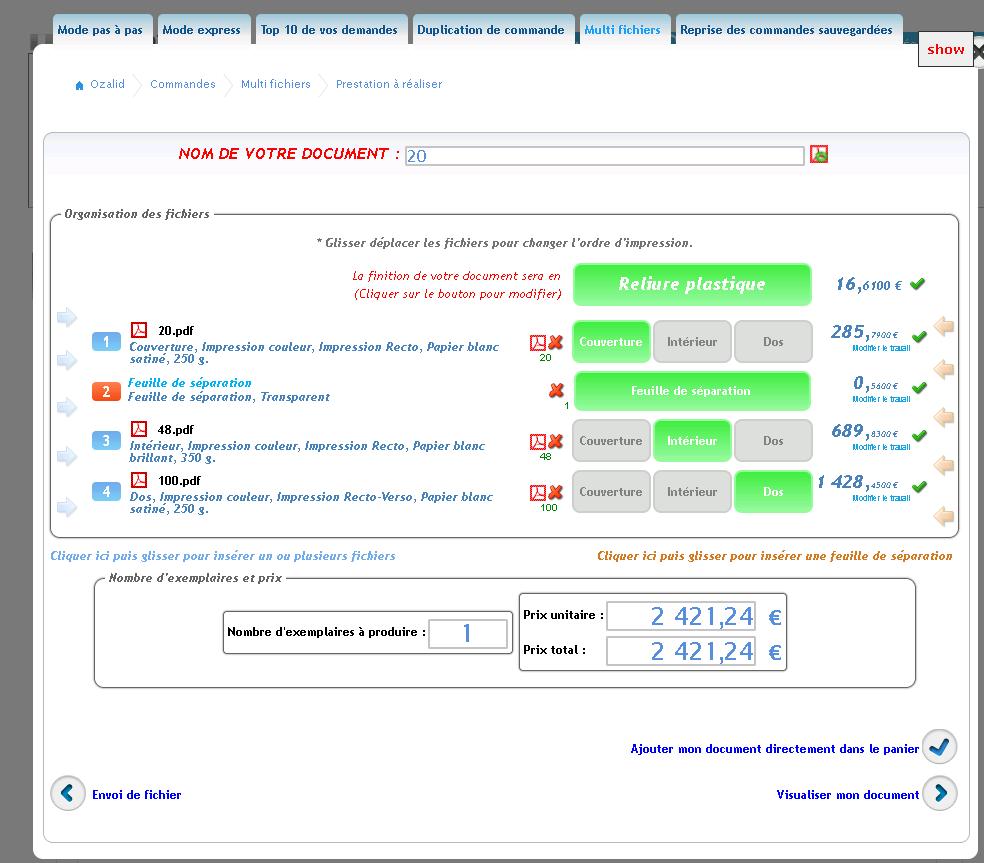 Implémentation du mode de passation de commandes Multi fichiers permettant de constituer un seul document à partir de plusieurs fichiers