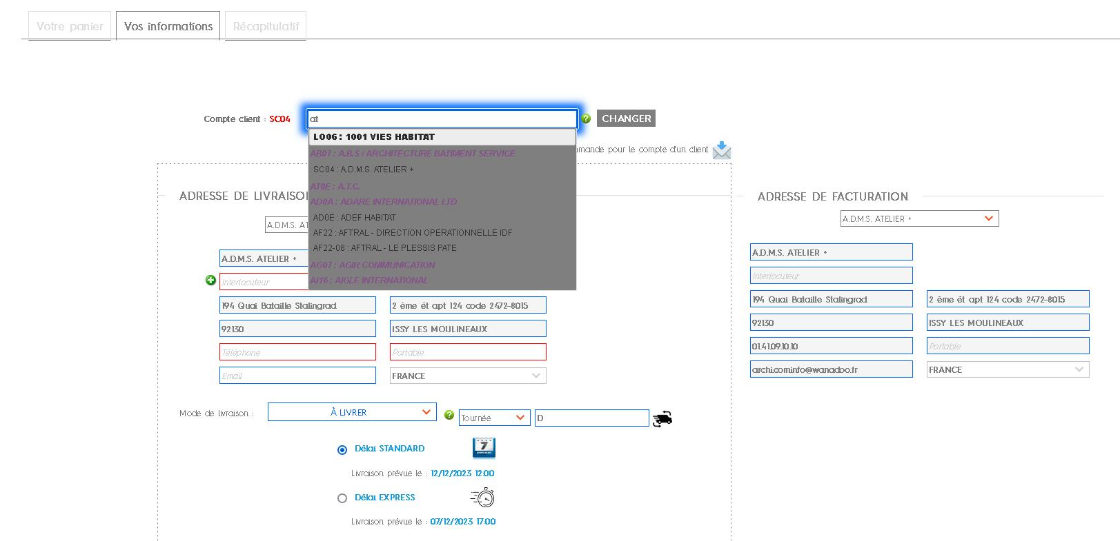 Implémentation d’une interface de saisie rapide pour permettre aux ateliers de saisir des commandes pour le compte d’un client qui passe commande par téléphone par exemple
