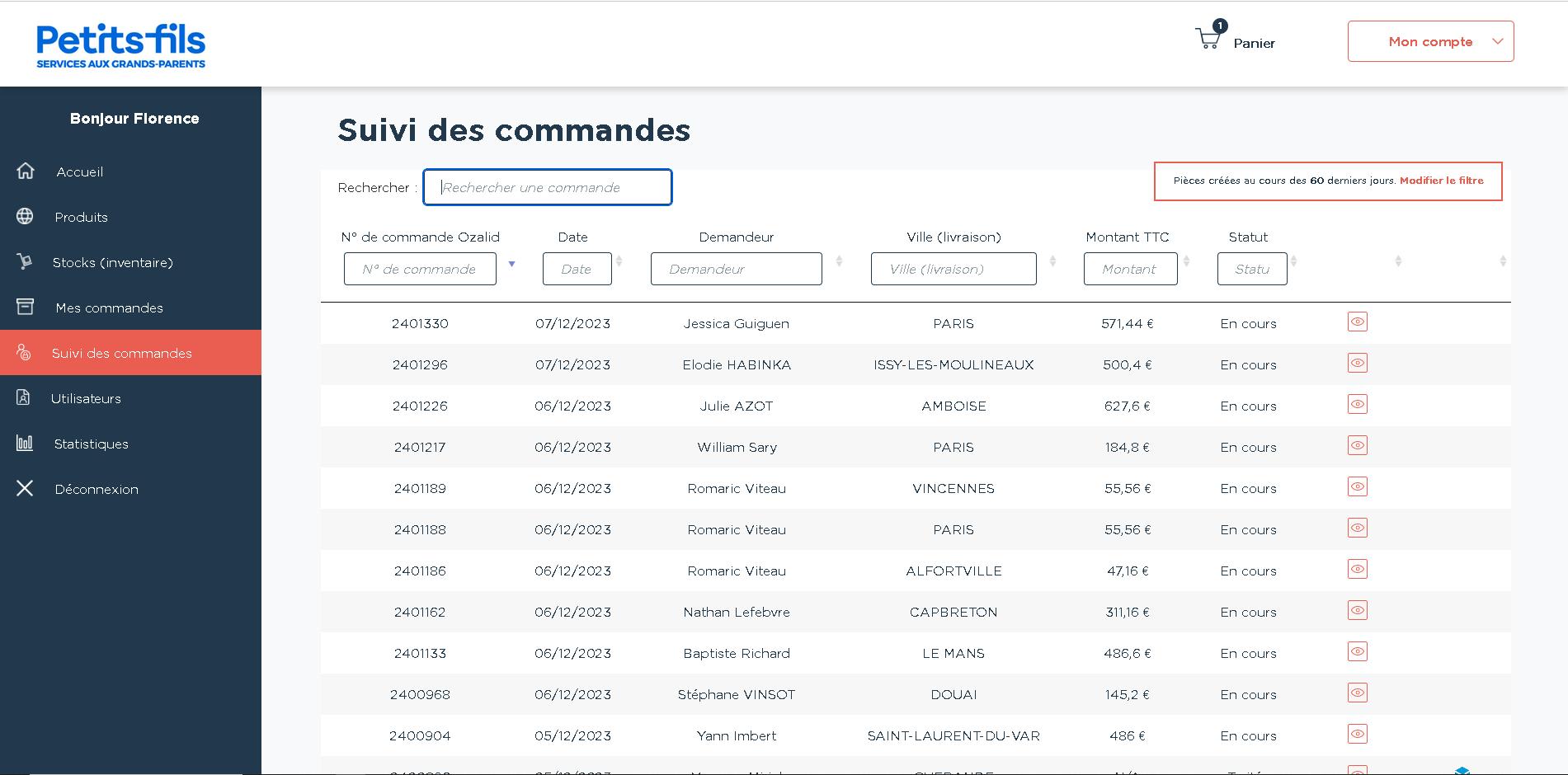 Implémentation du suivi de commandes permettant aux superviseurs du compte client de voir les commandes de tous leurs collaborateurs